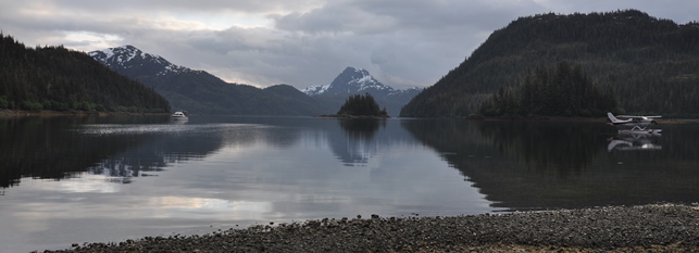 Scenic landscape photo of Alaskan Sound waterfront. Lake in foreground, forest in background.